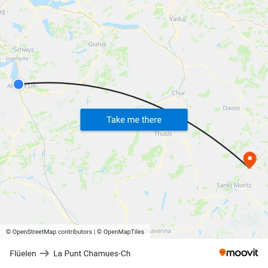 Flüelen to La Punt Chamues-Ch map