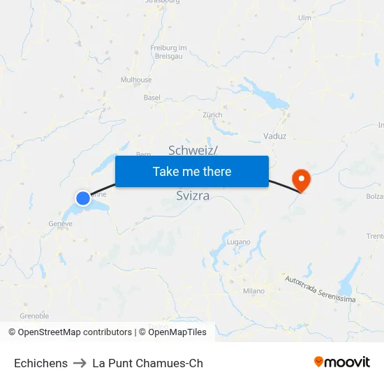 Echichens to La Punt Chamues-Ch map