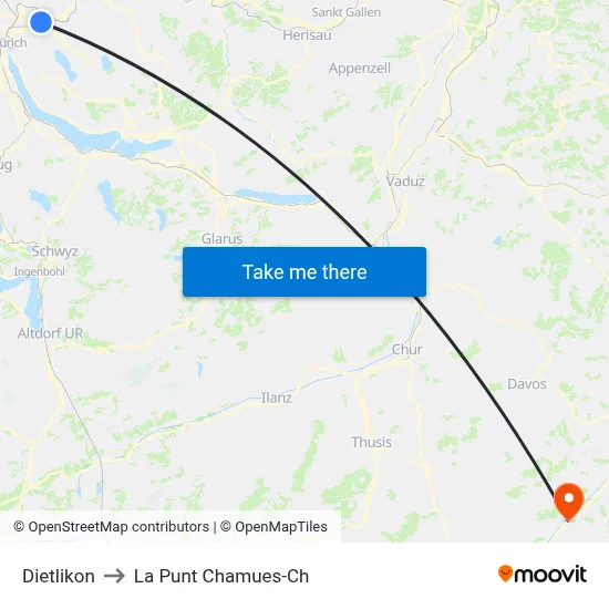 Dietlikon to La Punt Chamues-Ch map