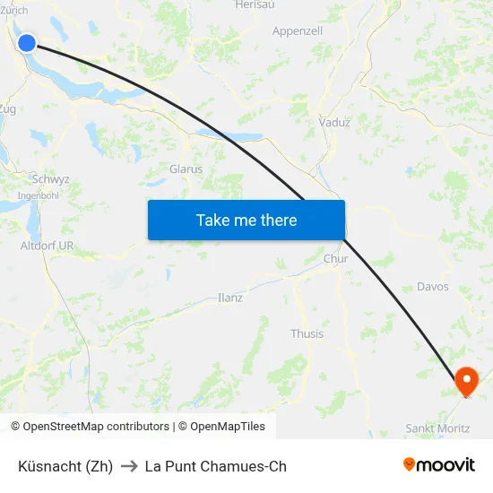 Küsnacht (Zh) to La Punt Chamues-Ch map
