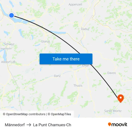 Männedorf to La Punt Chamues-Ch map