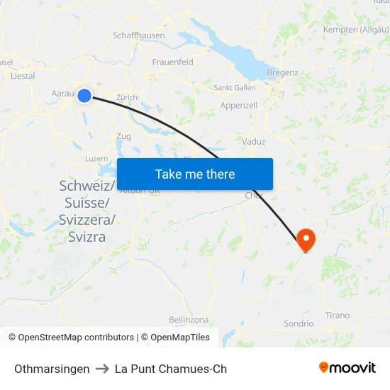 Othmarsingen to La Punt Chamues-Ch map