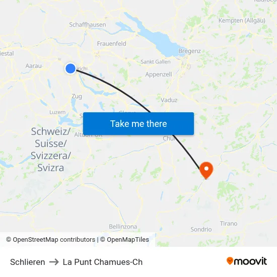Schlieren to La Punt Chamues-Ch map