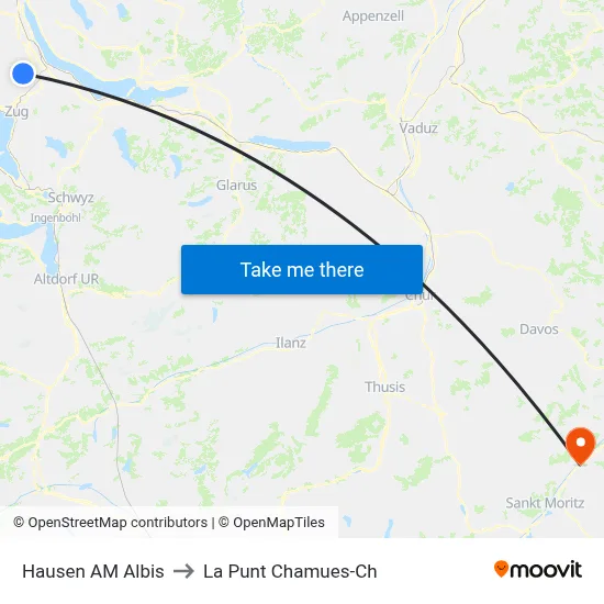 Hausen AM Albis to La Punt Chamues-Ch map