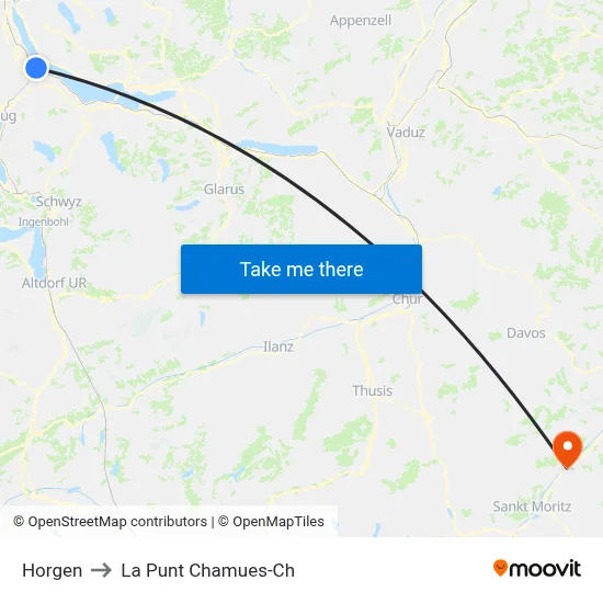 Horgen to La Punt Chamues-Ch map