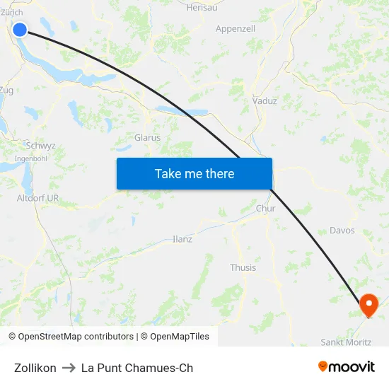Zollikon to La Punt Chamues-Ch map