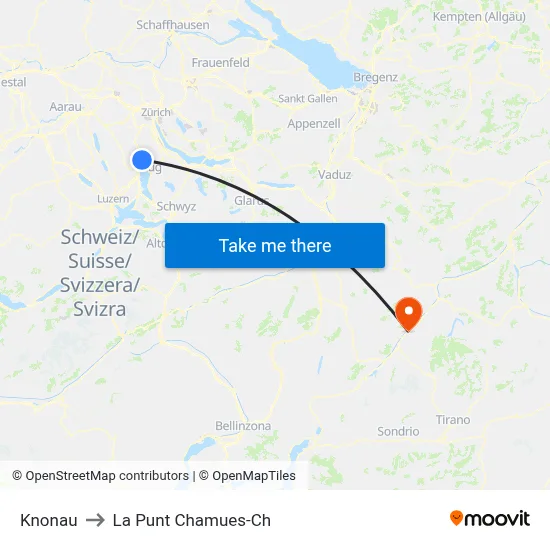 Knonau to La Punt Chamues-Ch map