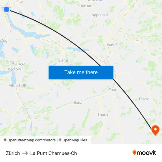 Zürich to La Punt Chamues-Ch map