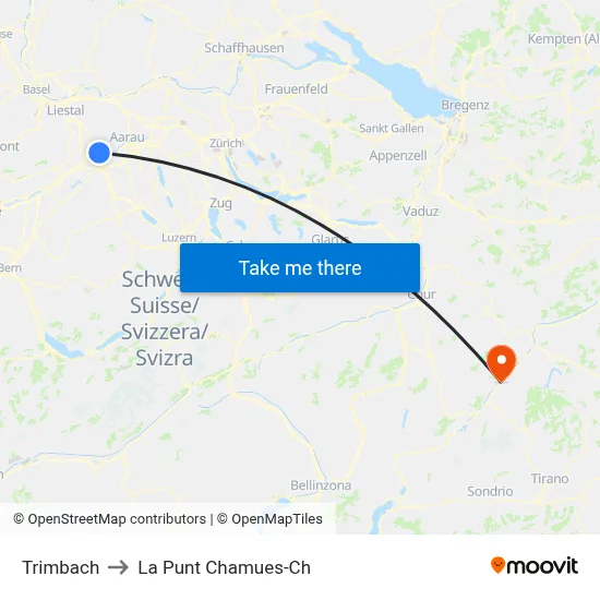 Trimbach to La Punt Chamues-Ch map