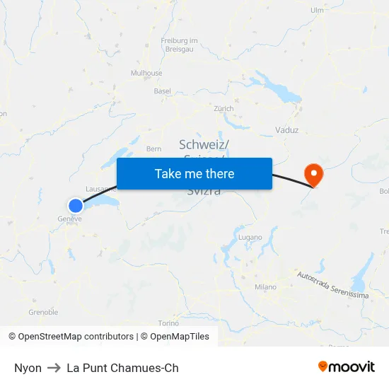 Nyon to La Punt Chamues-Ch map