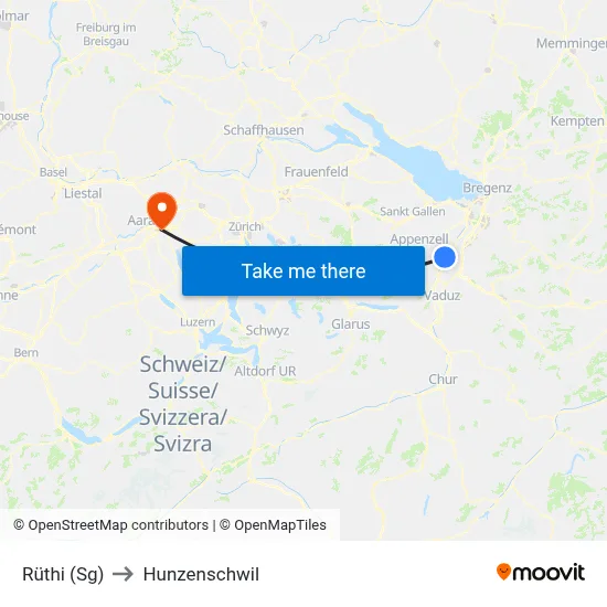 Rüthi (Sg) to Hunzenschwil map