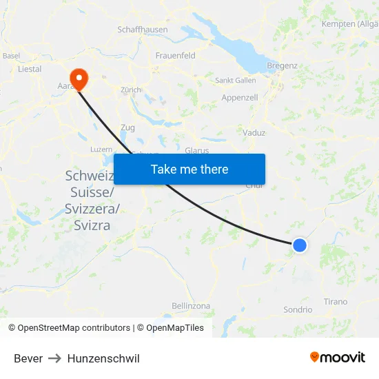 Bever to Hunzenschwil map