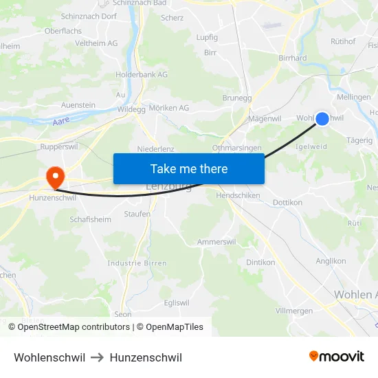 Wohlenschwil to Hunzenschwil map