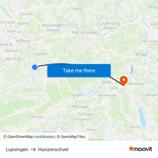 Lupsingen to Hunzenschwil map