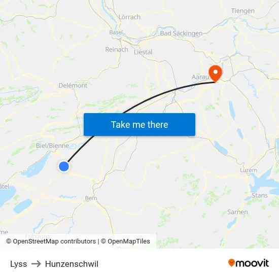 Lyss to Hunzenschwil map