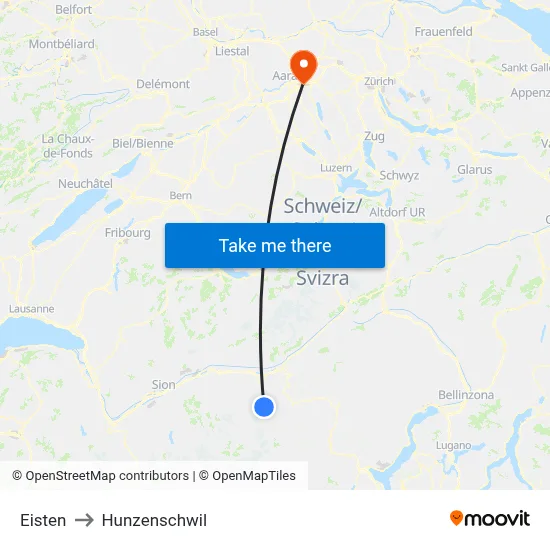Eisten to Hunzenschwil map