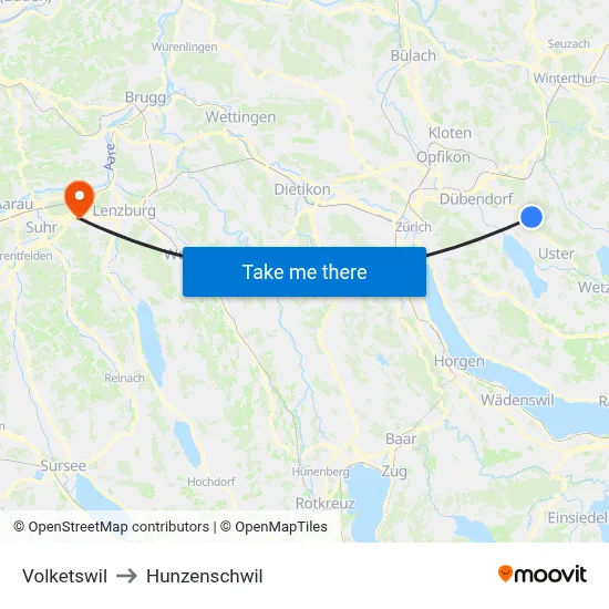 Volketswil to Hunzenschwil map