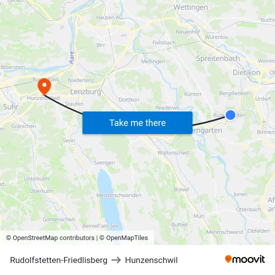Rudolfstetten-Friedlisberg to Hunzenschwil map