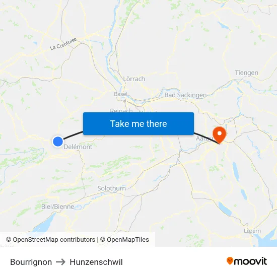 Bourrignon to Hunzenschwil map