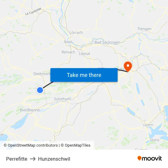 Perrefitte to Hunzenschwil map