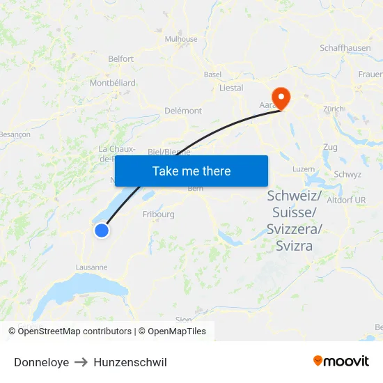 Donneloye to Hunzenschwil map