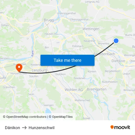 Dänikon to Hunzenschwil map