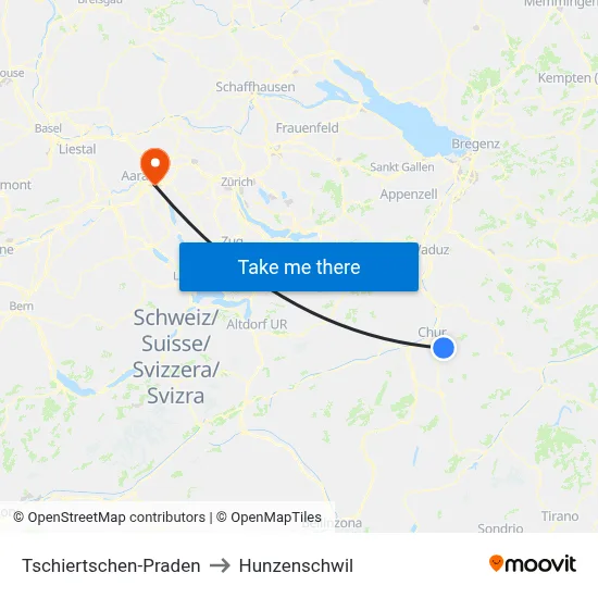 Tschiertschen-Praden to Hunzenschwil map