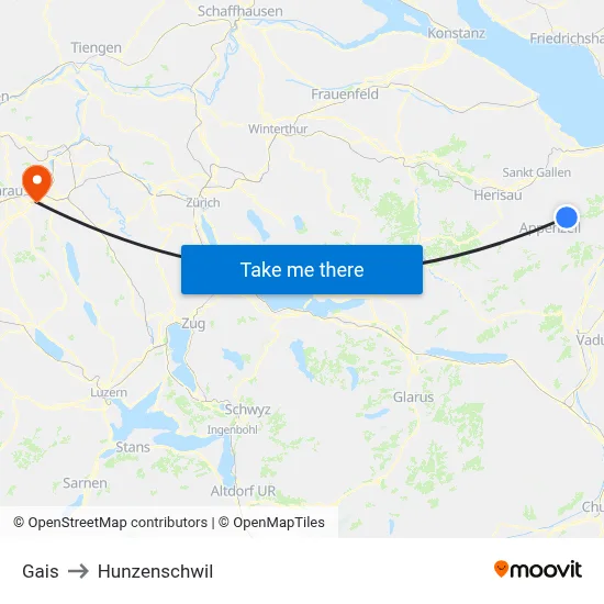 Gais to Hunzenschwil map