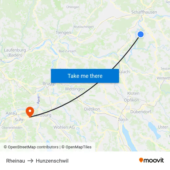 Rheinau to Hunzenschwil map