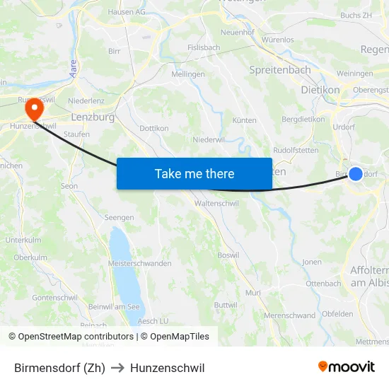 Birmensdorf (Zh) to Hunzenschwil map
