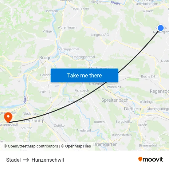 Stadel to Hunzenschwil map