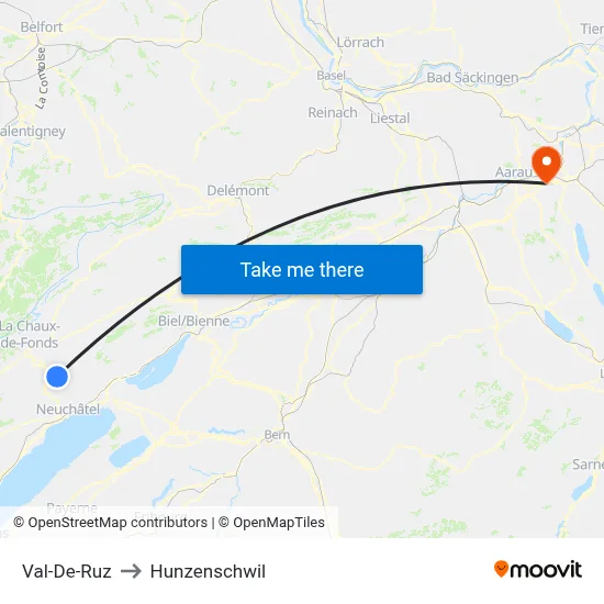 Val-De-Ruz to Hunzenschwil map