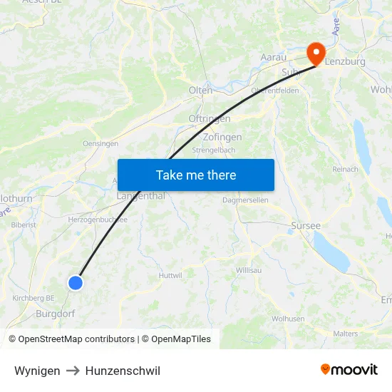 Wynigen to Hunzenschwil map