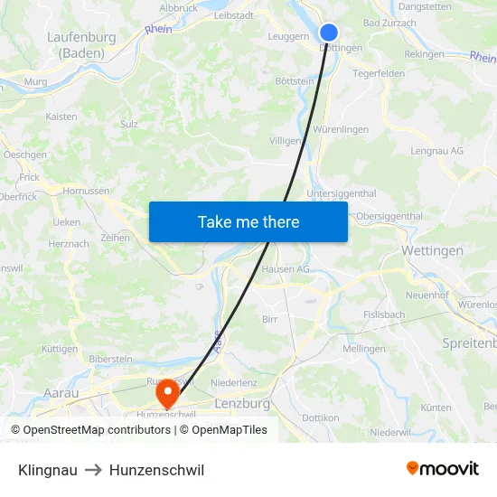 Klingnau to Hunzenschwil map