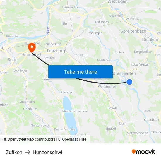 Zufikon to Hunzenschwil map
