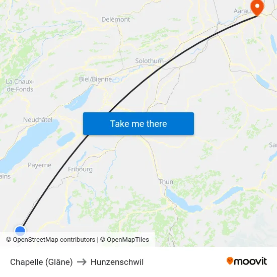 Chapelle (Glâne) to Hunzenschwil map