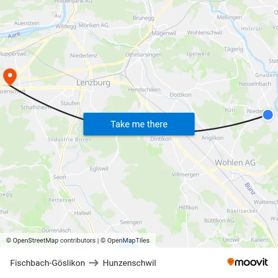 Fischbach-Göslikon to Hunzenschwil map