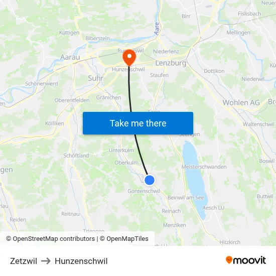 Zetzwil to Hunzenschwil map