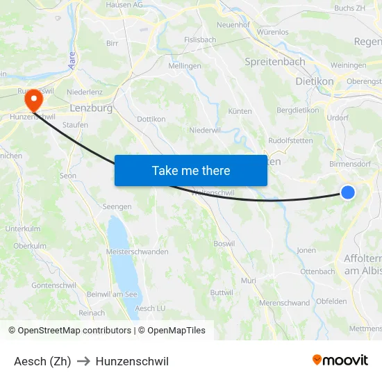 Aesch (Zh) to Hunzenschwil map
