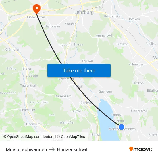 Meisterschwanden to Hunzenschwil map