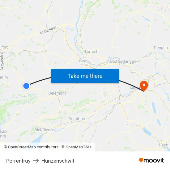 Porrentruy to Hunzenschwil map