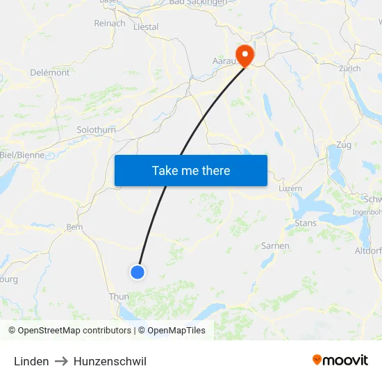 Linden to Hunzenschwil map