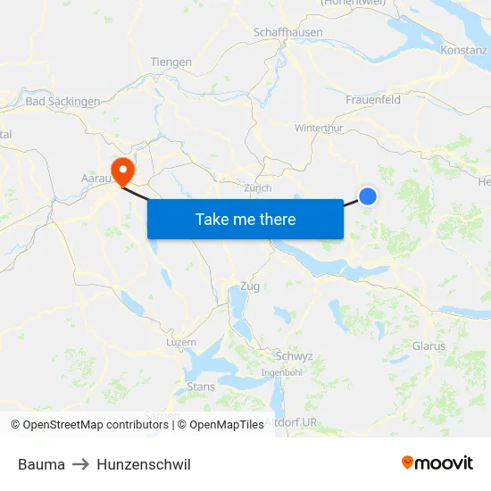 Bauma to Hunzenschwil map
