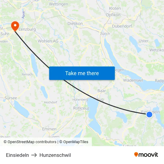 Einsiedeln to Hunzenschwil map