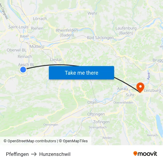 Pfeffingen to Hunzenschwil map