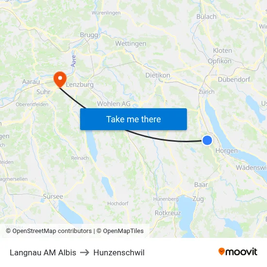 Langnau AM Albis to Hunzenschwil map