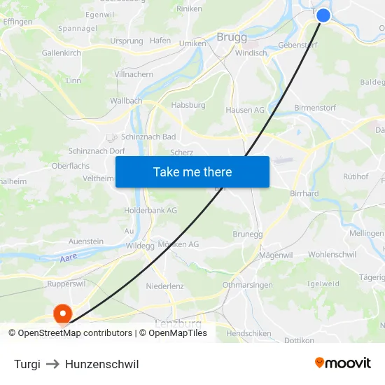 Turgi to Hunzenschwil map