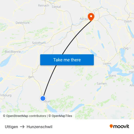 Uttigen to Hunzenschwil map