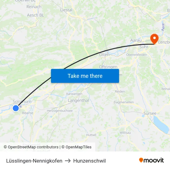 Lüsslingen-Nennigkofen to Hunzenschwil map