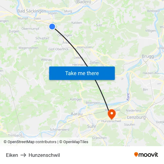 Eiken to Hunzenschwil map